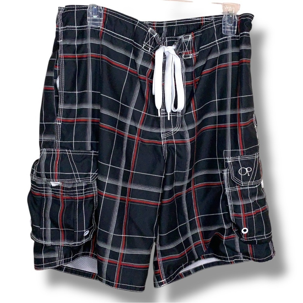 Medium OP Swim Board Trunks Shorts Black White Red Plaid Cargo Pockets